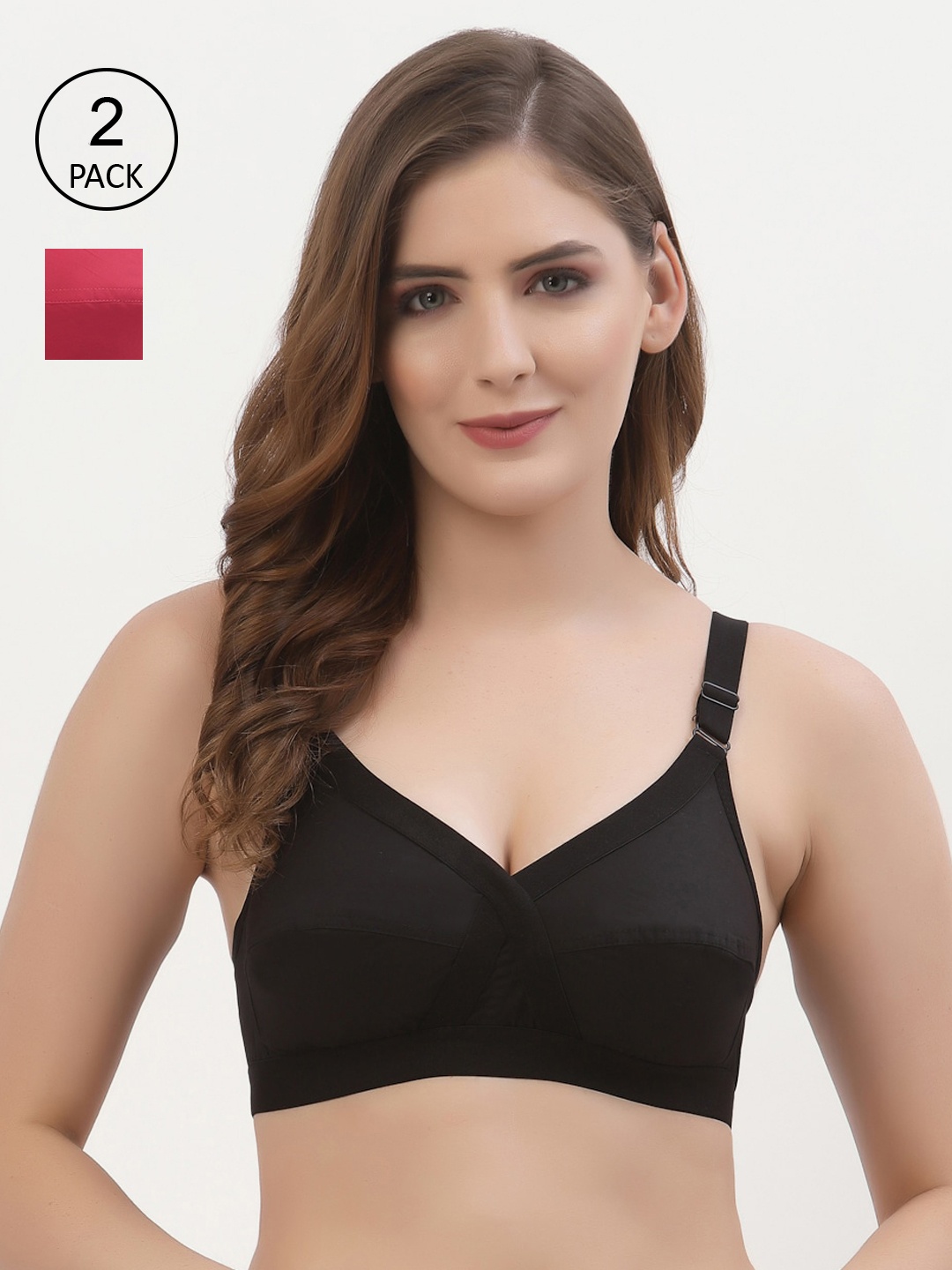 

Floret Pack of 2 Non-Padded Non-Wired Full Coverage Cotton Bras with All Day Comfort, Black