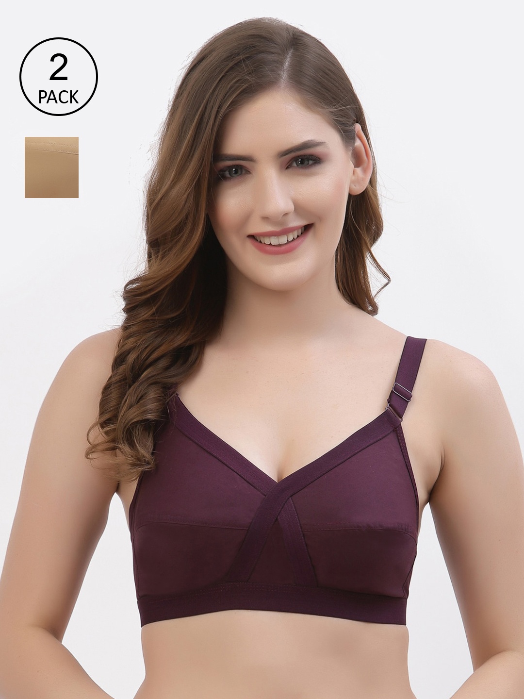 

Floret Pack of 2 Non-Padded Non-Wired Full Coverage Cotton Bras with All Day Comfort, Burgundy