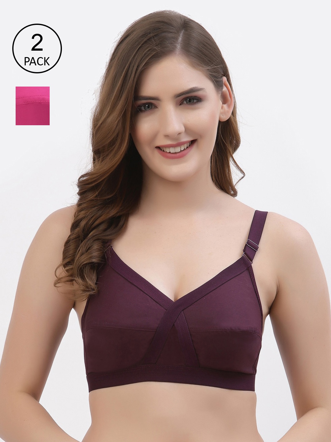 

Floret Pack of 2 Non-Padded Non-Wired Full Coverage Cotton Bras with All Day Comfort, Burgundy