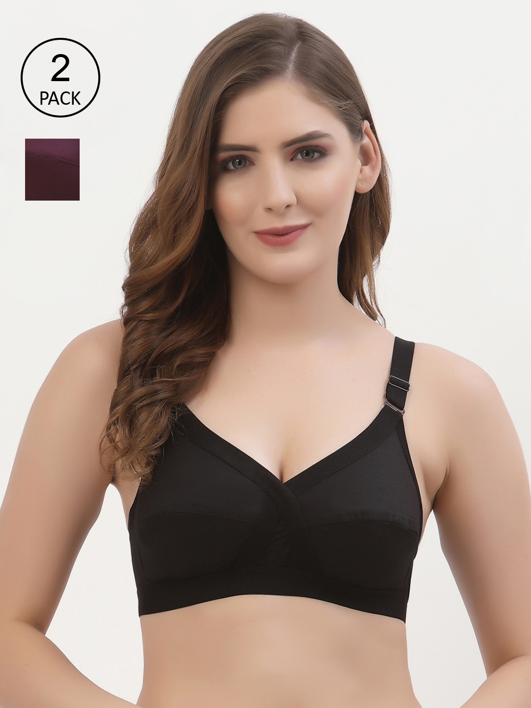 

Floret Pack of 2 Non-Padded Non-Wired Full Coverage Cotton Bras with All Day Comfort, Black