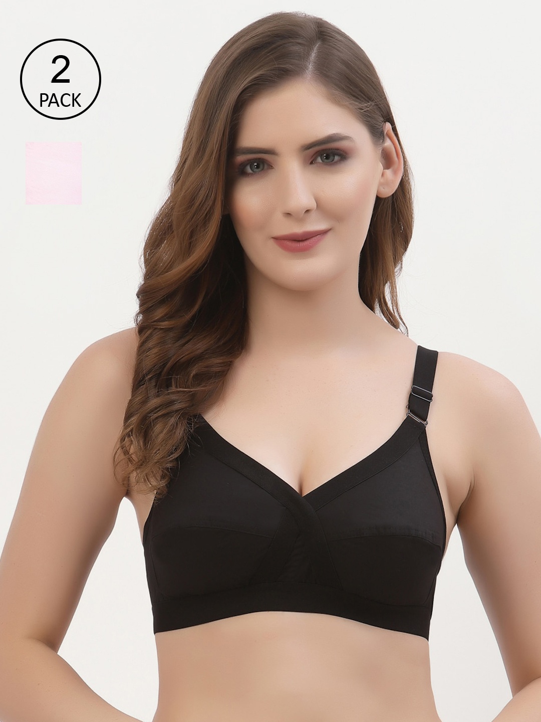 

Floret Pack of 2 Non-Padded Non-Wired Full Coverage Cotton Bras with All Day Comfort, Black