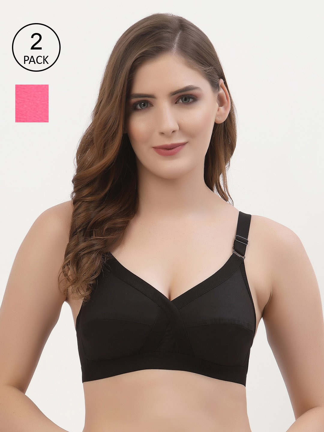 

Floret Pack of 2 Non-Padded Non-Wired Full Coverage Cotton Bras with All Day Comfort, Black