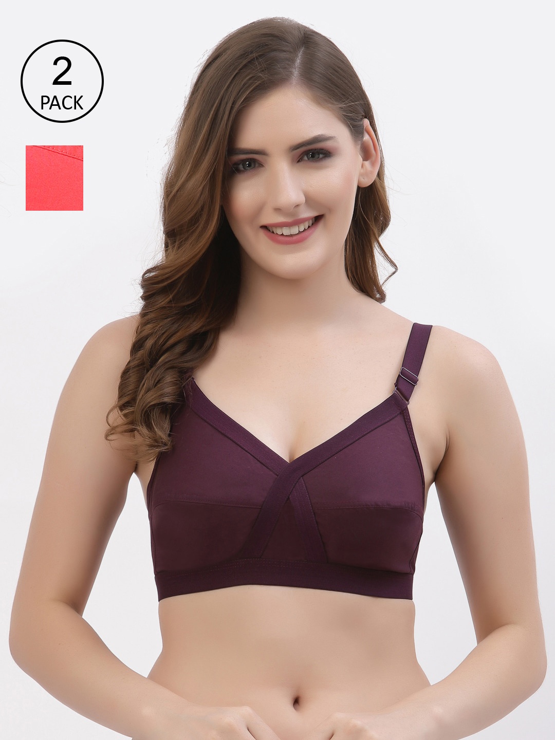 

Floret Pack of 2 Non-Padded Non-Wired Full Coverage Cotton Bras with All Day Comfort, Burgundy