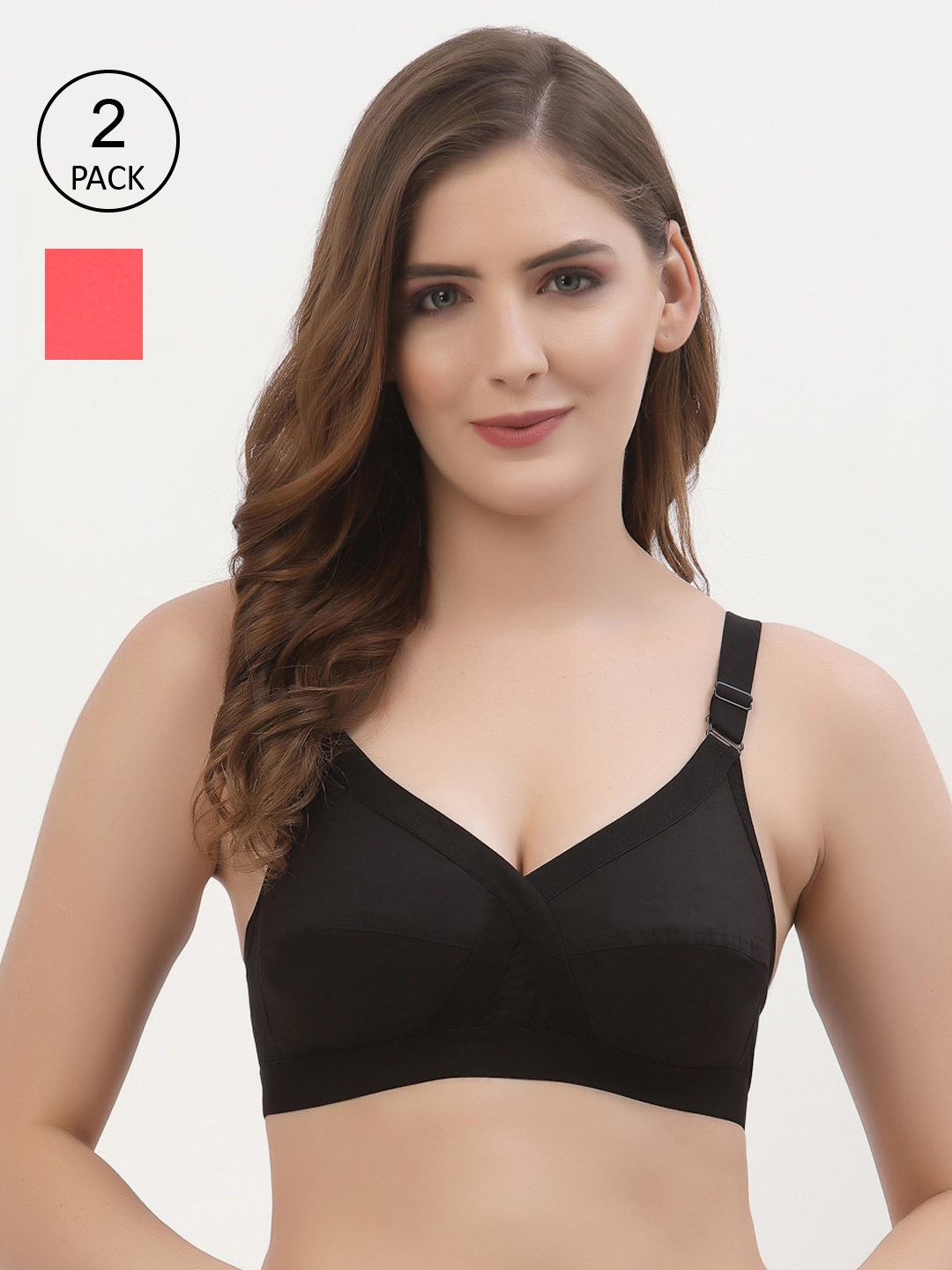 

Floret Pack of 2 Non-Padded Non-Wired Full Coverage Cotton Bras with All Day Comfort, Black