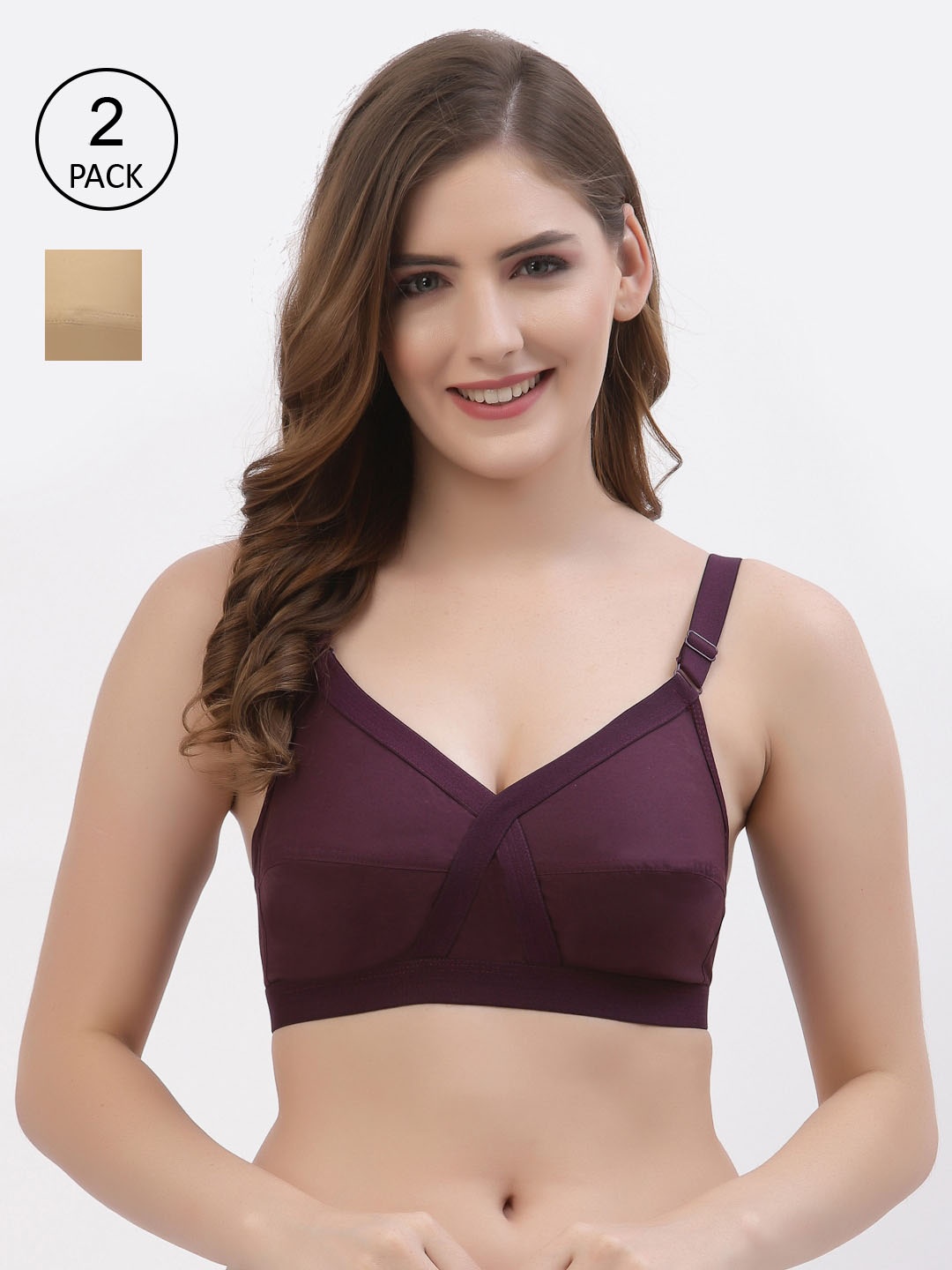 

Floret Pack of 2 Non-Padded Non-Wired Full Coverage Cotton Bras with All Day Comfort, Burgundy