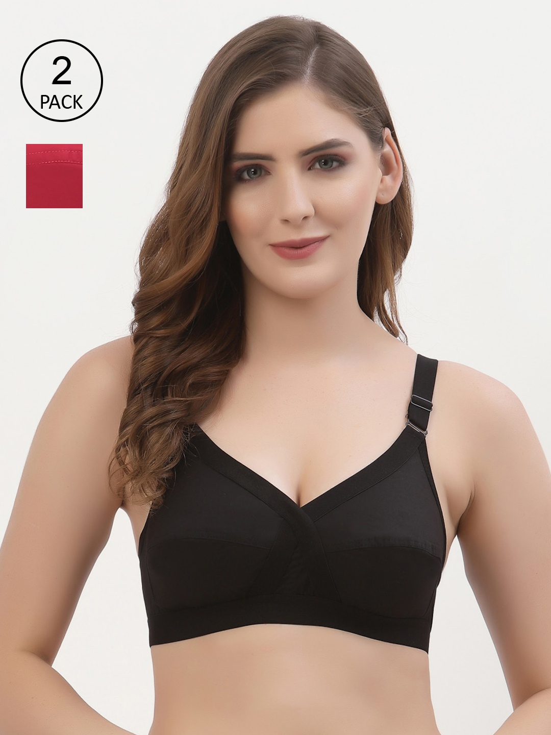 

Floret Pack of 2 Non-Padded Non-Wired Full Coverage Cotton Bras with All Day Comfort, Black