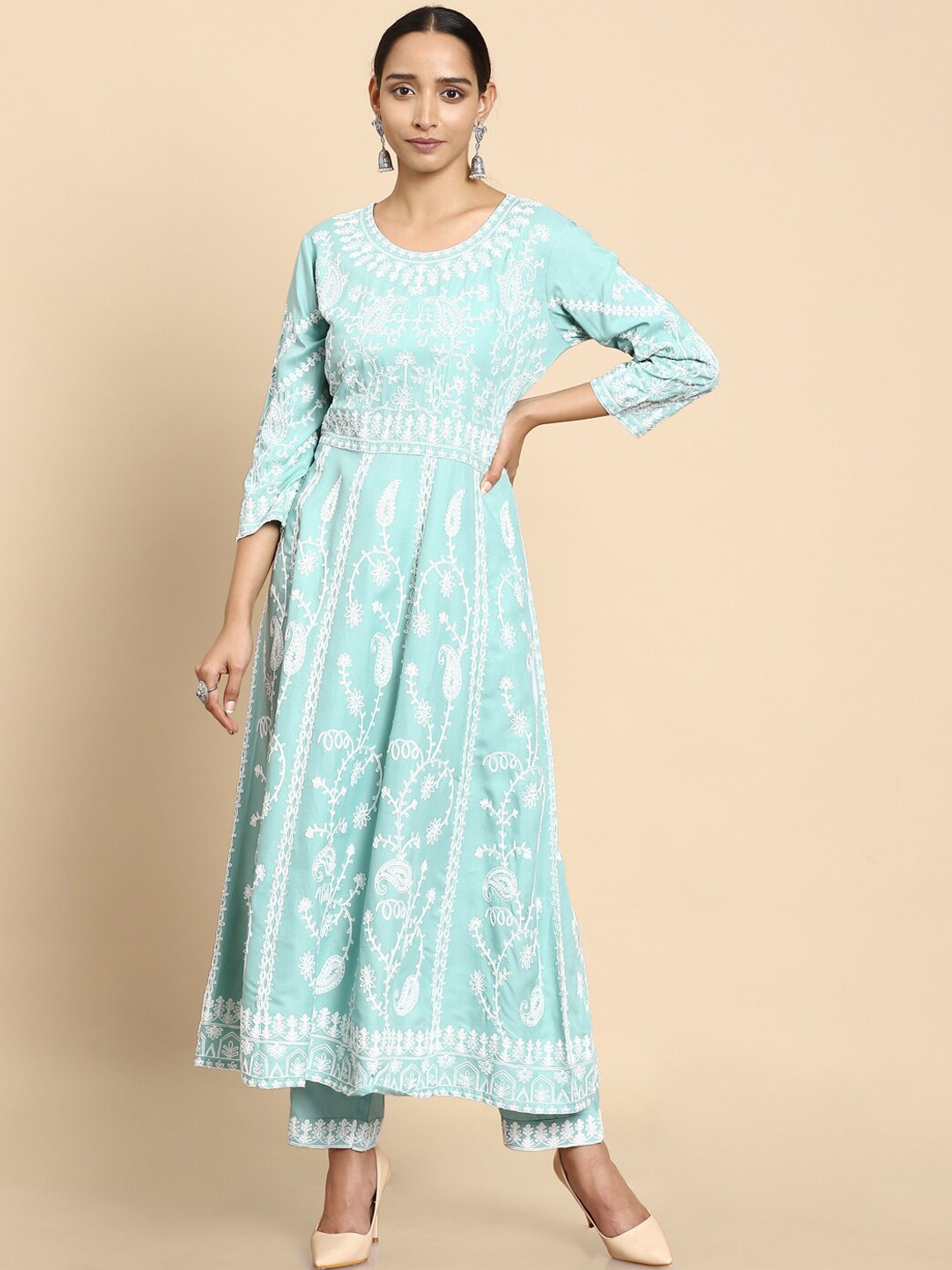 

Soch Women Green Ethnic Motifs Printed Empire Aari Work Kurta with Trousers