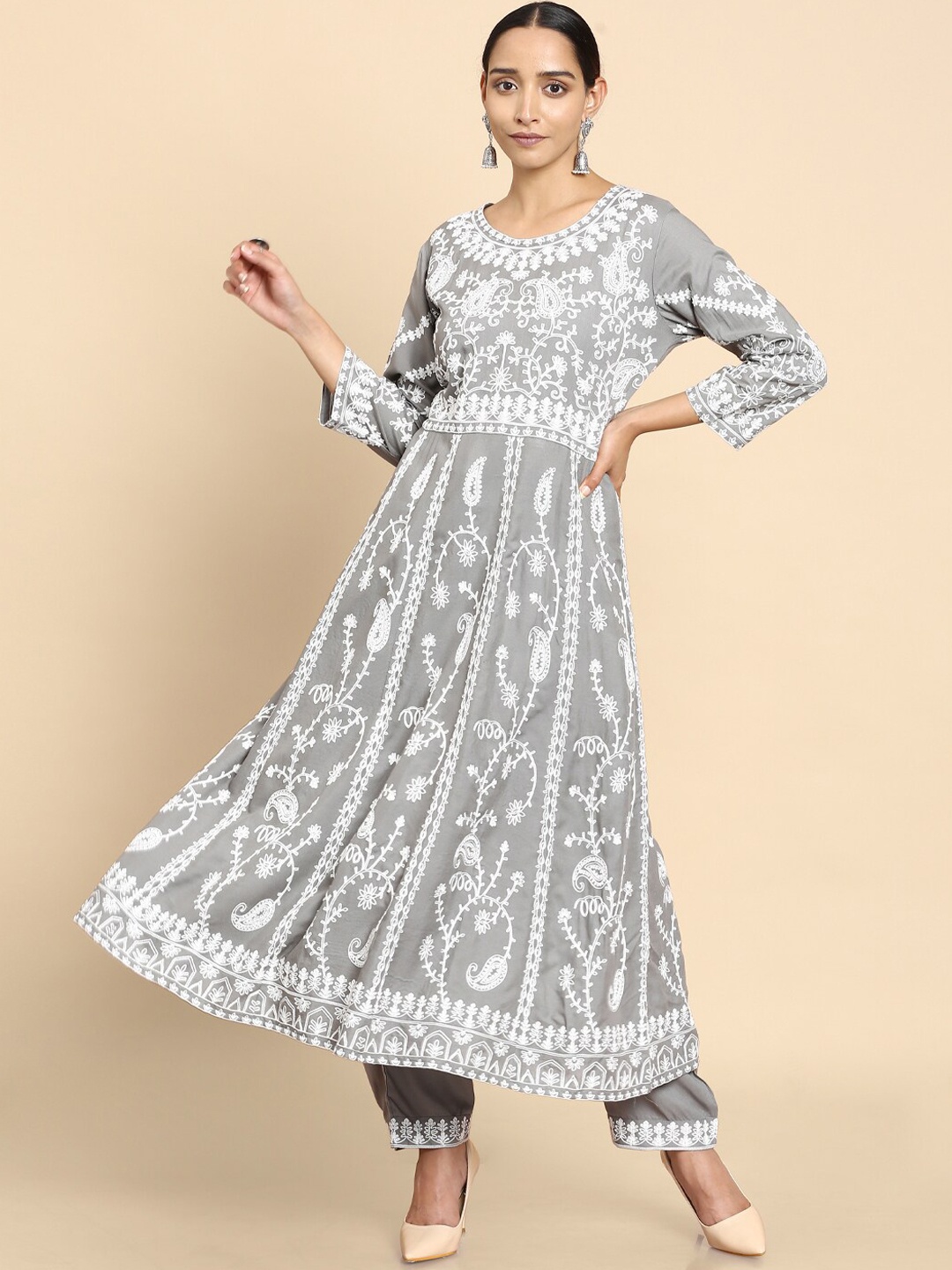 

Soch Women Grey Embroidered Pleated Kurti with Trousers