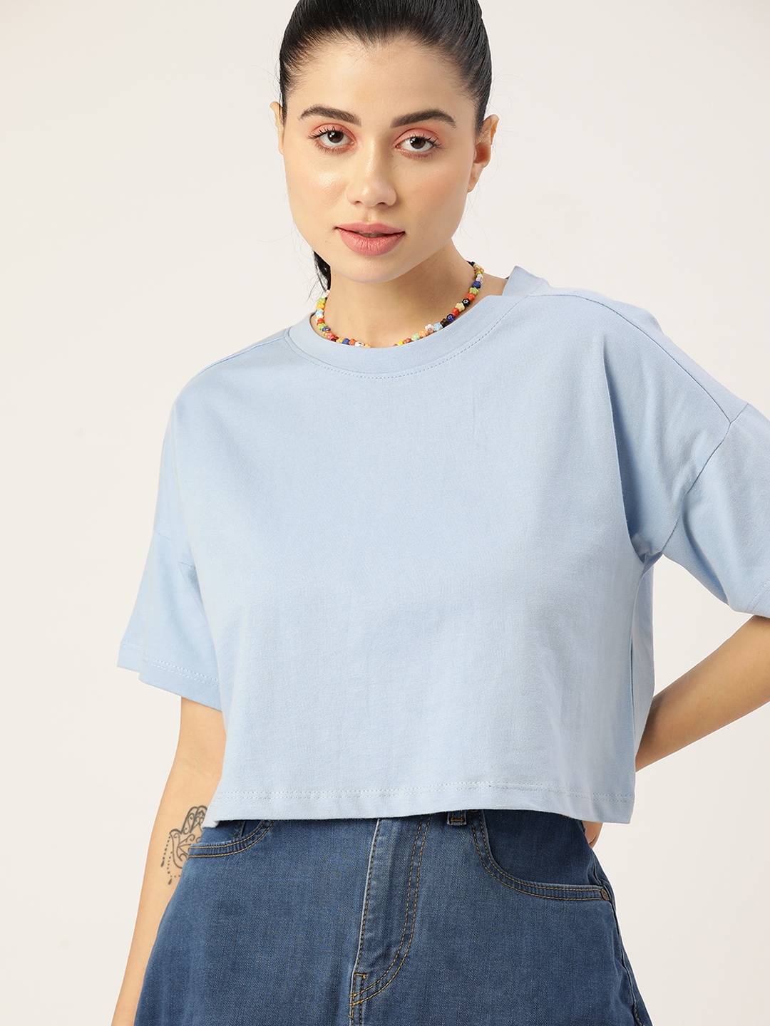 

DressBerry Women Blue Drop-Shoulder Sleeves Crop Pure Cotton T-shirt