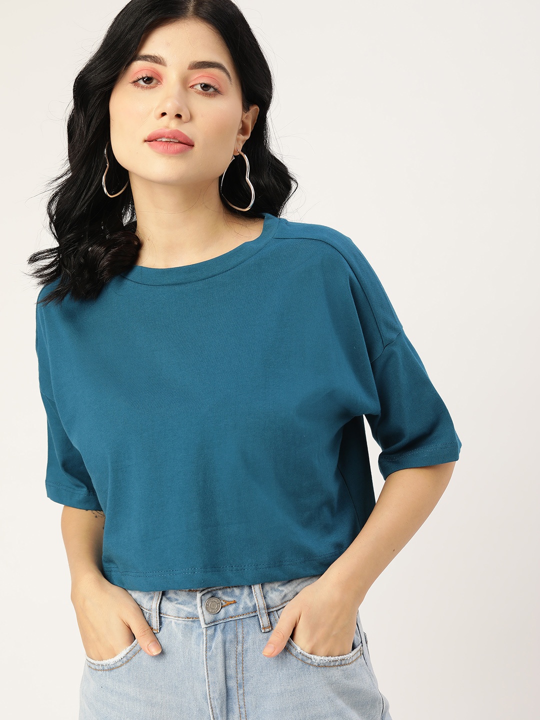 

DressBerry Women Teal Blue Solid Pure Cotton Drop-Shoulder Sleeves Crop T-shirt