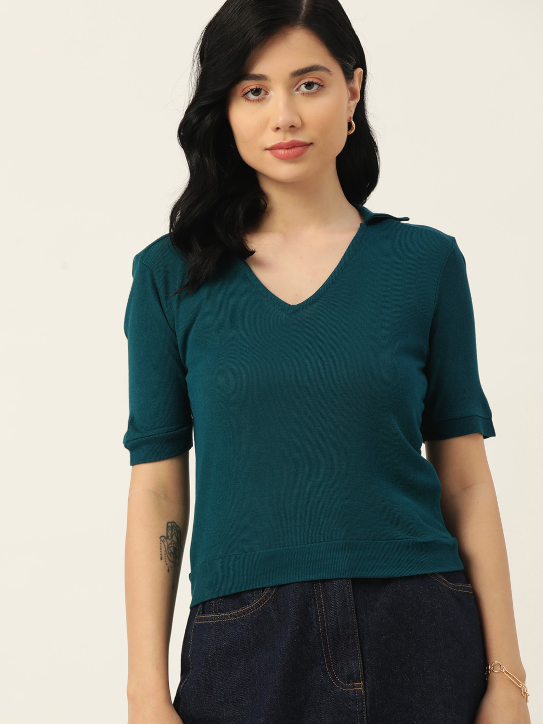 

DressBerry Women Teal Green V-Neck T-shirt