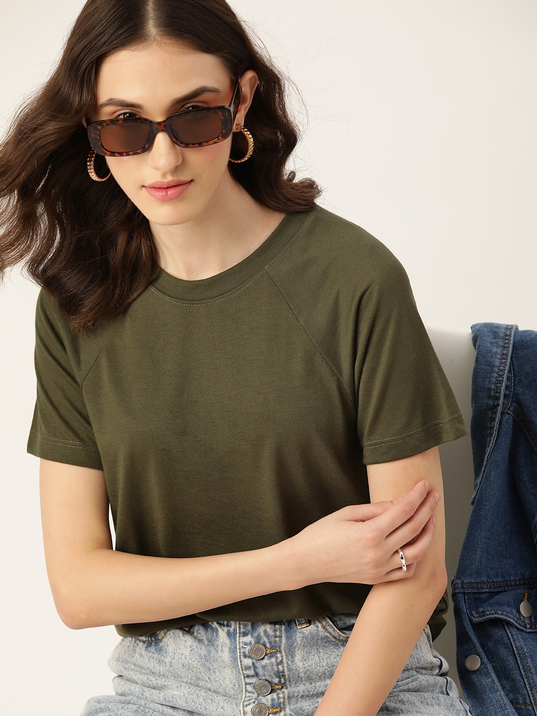 

DressBerry Women Olive Green Solid Pure Cotton T-shirt