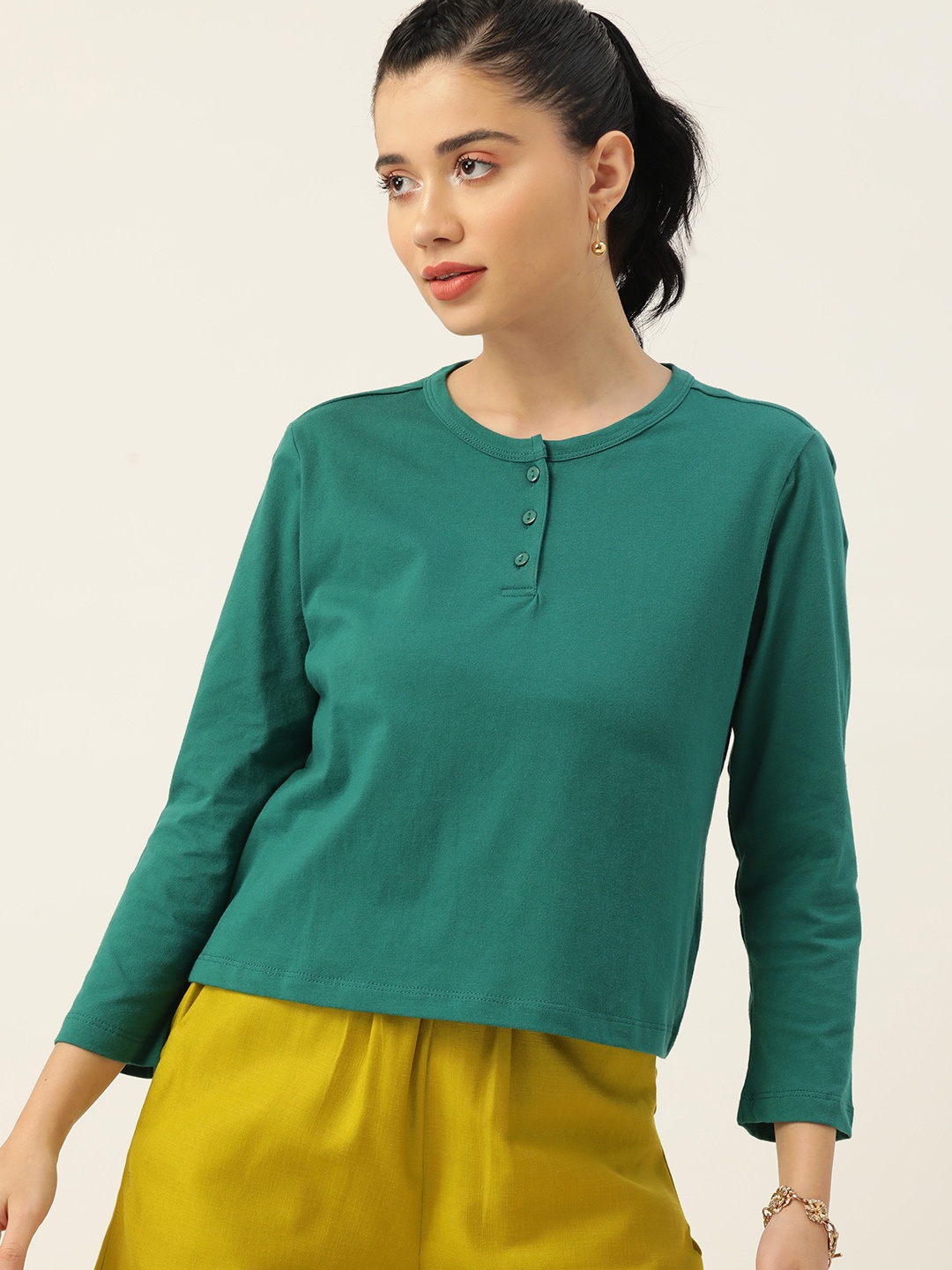

DressBerry Women Green Pure Cotton Henley Neck T-shirt