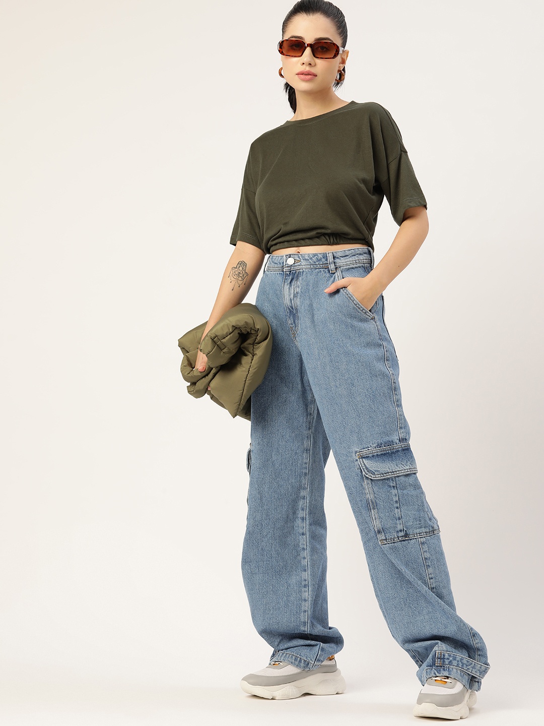 

DressBerry Women Olive Green Drop-Shoulder Sleeves Pure Cotton T-shirt