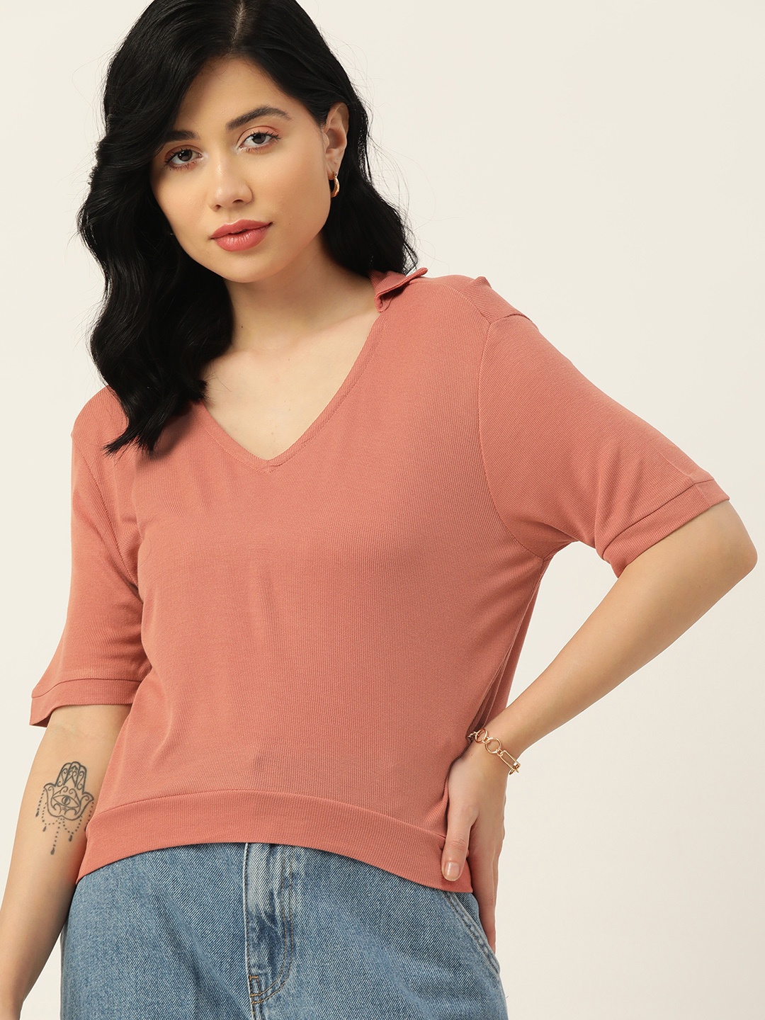 

DressBerry Women Peach-Coloured V-Neck T-shirt