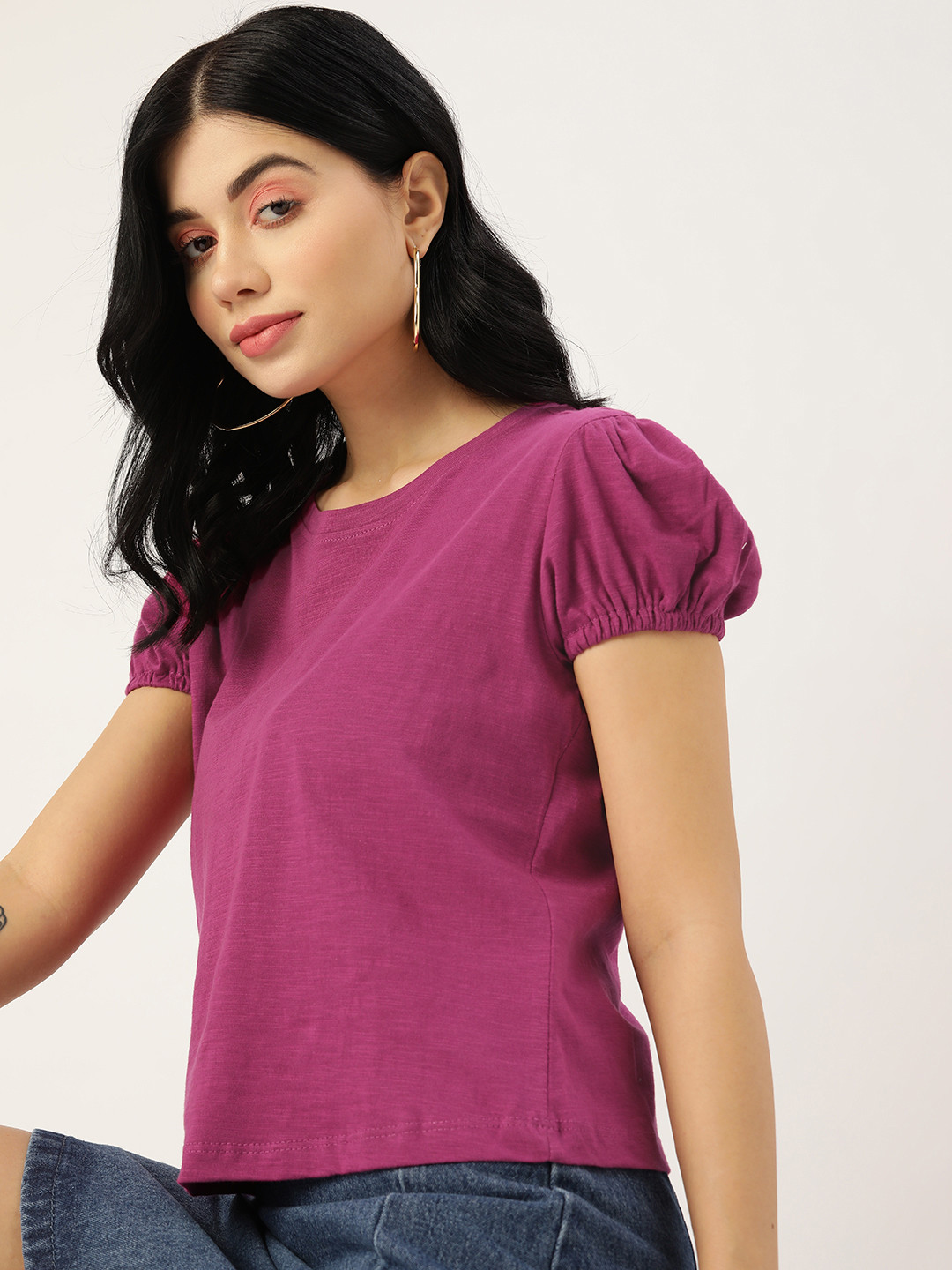 

DressBerry Women Purple Solid Puff Sleeves T-shirt