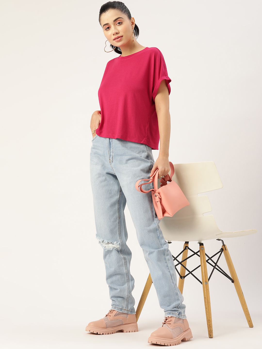 

DressBerry Women Fuchsia Pink Extended Sleeves Pure Cotton T-shirt