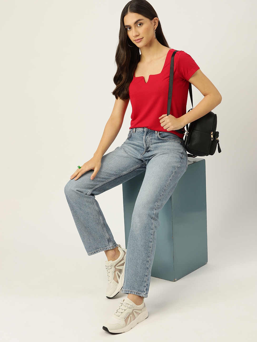 

DressBerry Women Red Solid Pure Cotton T-shirt