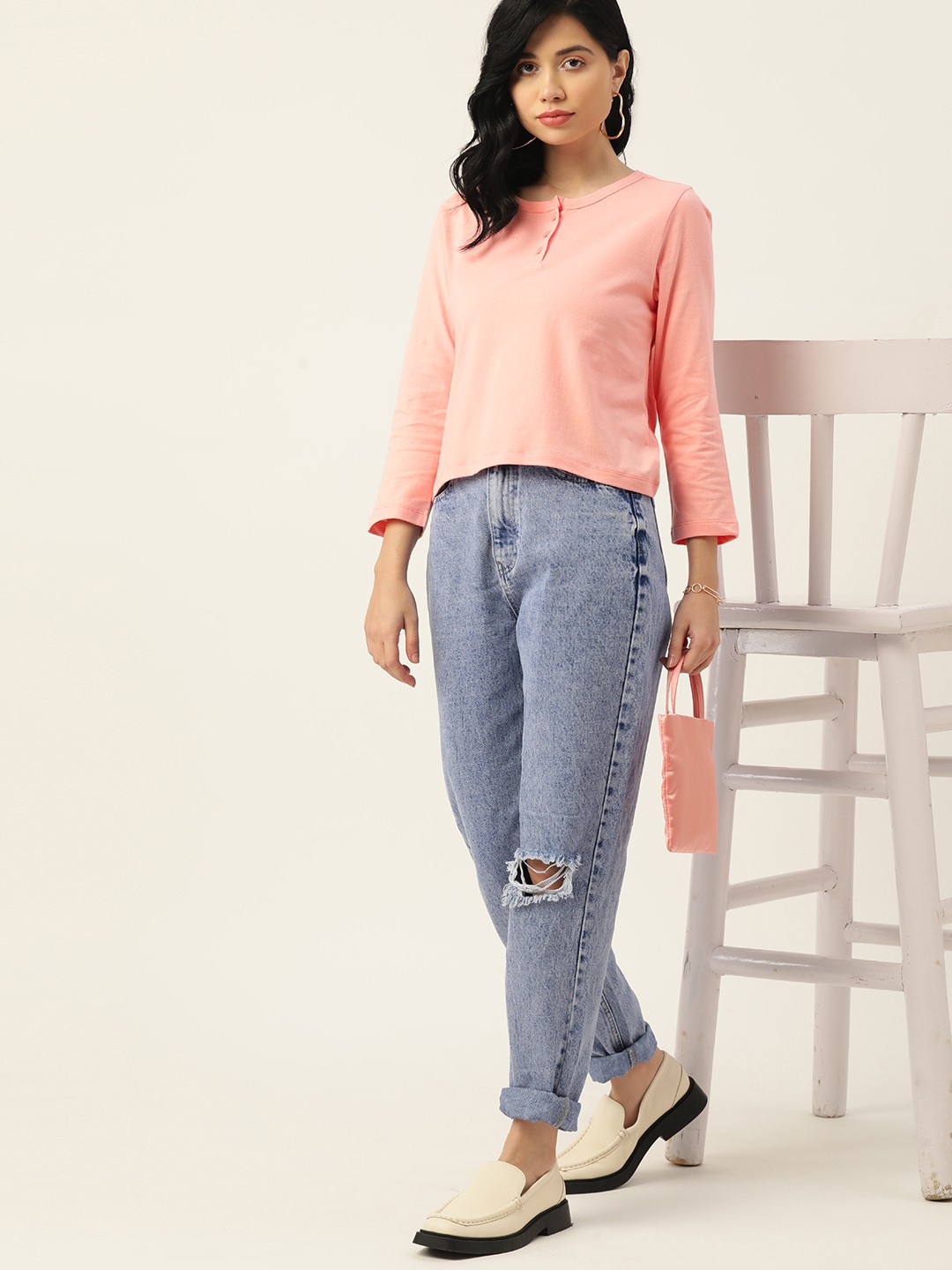 

DressBerry Women Peach-Coloured Pure Cotton Henley Neck T-shirt