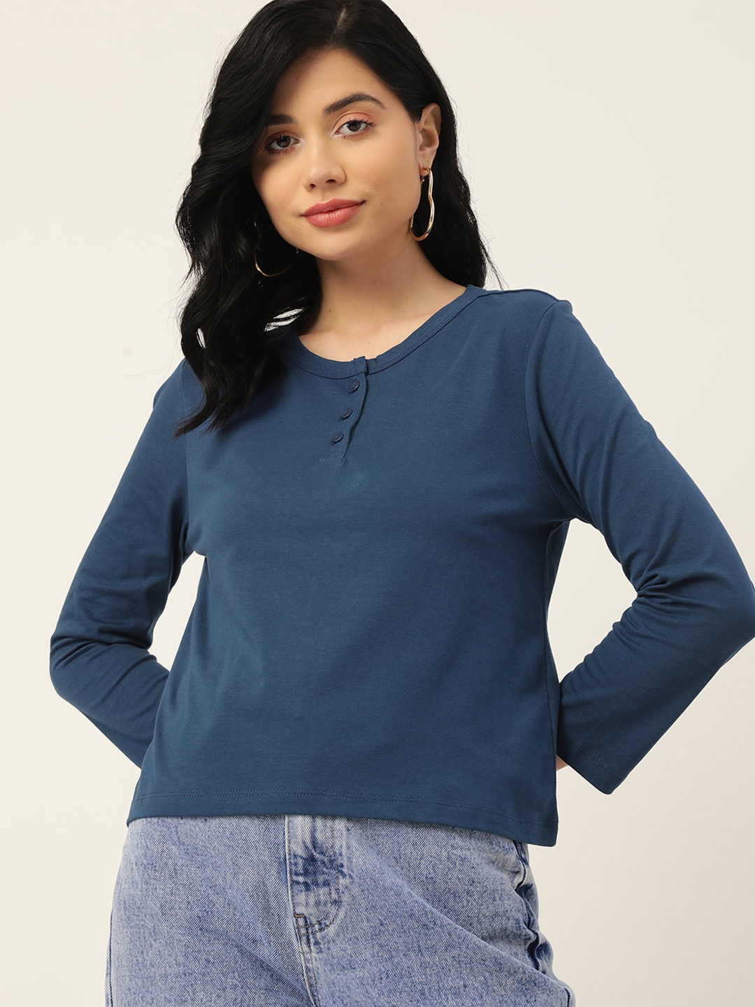 

DressBerry Women Teal Blue Pure Cotton Solid Henley Neck T-shirt