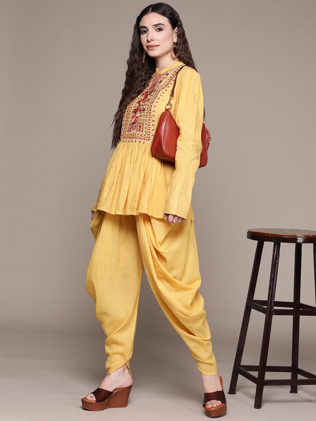 

aarke Ritu Kumar Yellow Embroidered Top with Dhoti Pants