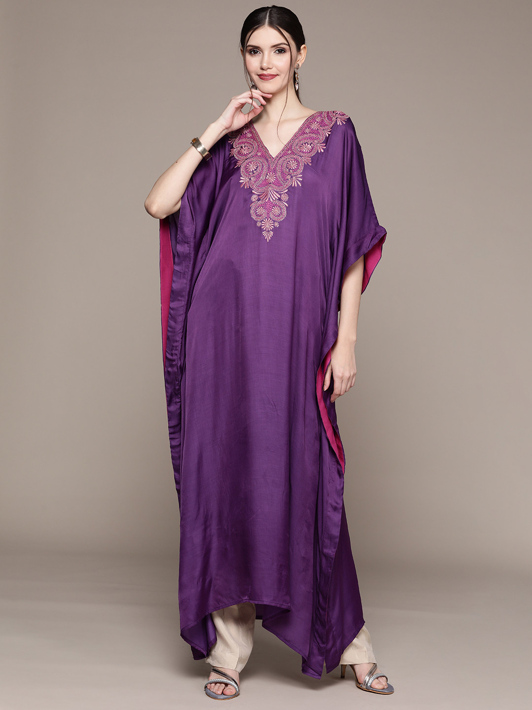 

aarke Ritu Kumar Women Purple Ethnic Motifs Yoke Design Flared Sleeves Kaftan Kurta