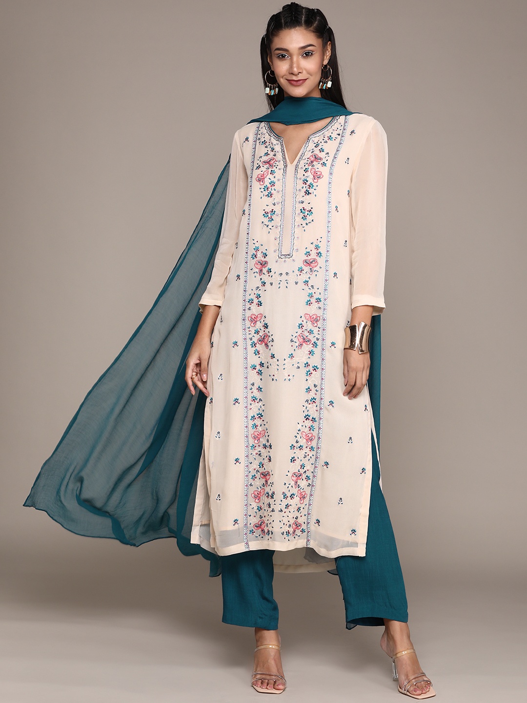 

aarke Ritu Kumar Off White & Teal Blue Embroidered Straight Kurta Trousers Dupatta