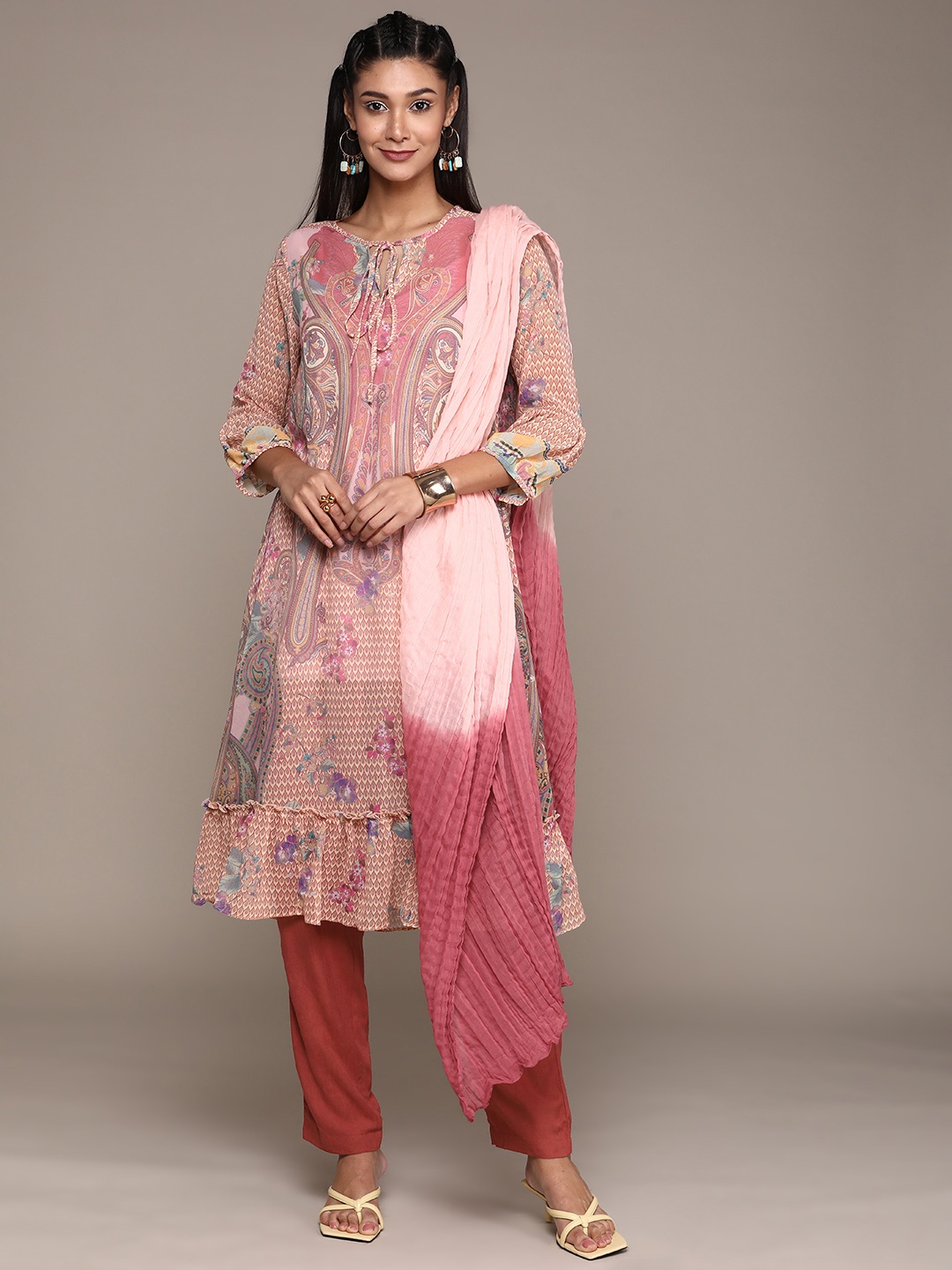 

aarke Ritu Kumar Women Pink Ethnic Motifs Printed Kurta Set with Dupatta & Camisole