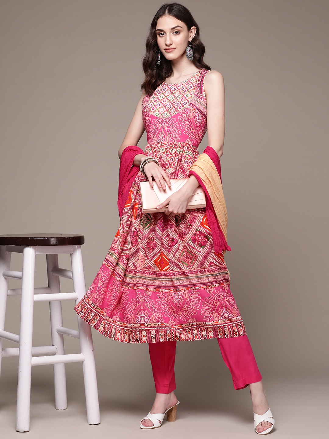 

aarke Ritu Kumar Women Pink Printed Kurta with Trousers & With Dupatta