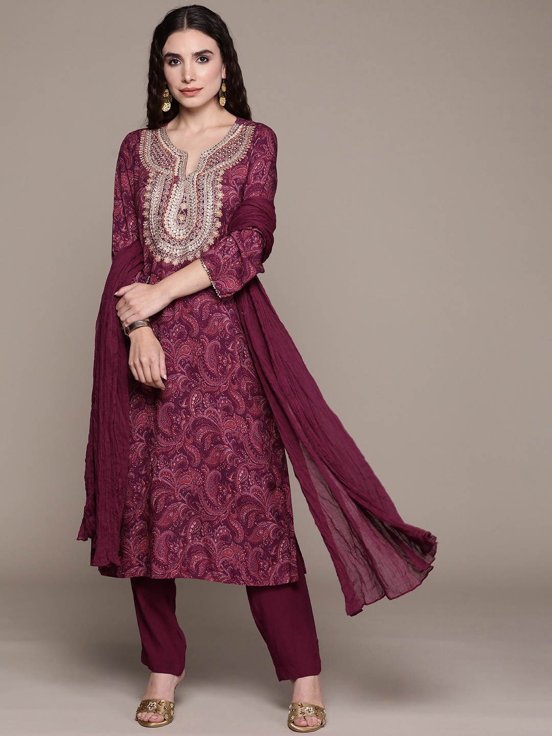 

aarke Ritu Kumar Women Maroon Yoke Design Ethnic Motif Print Kurta with Trousers & Dupatta