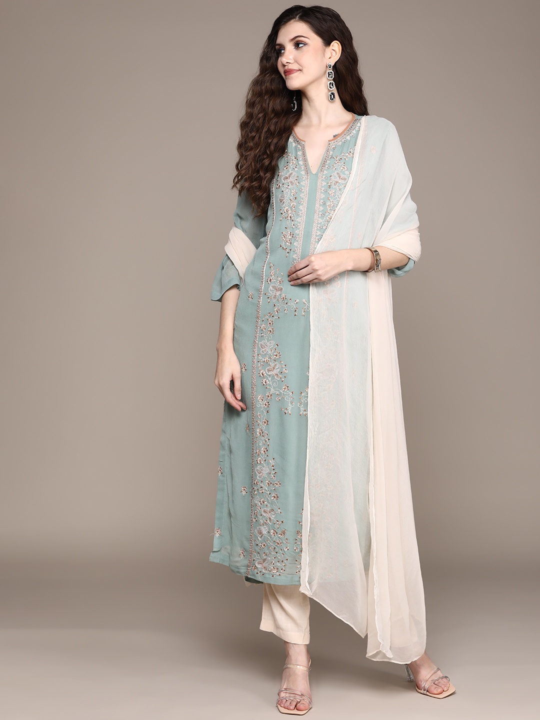 

aarke Ritu Kumar Sage Green & Beige Embroidered Straight Kurta Trousers Dupatta