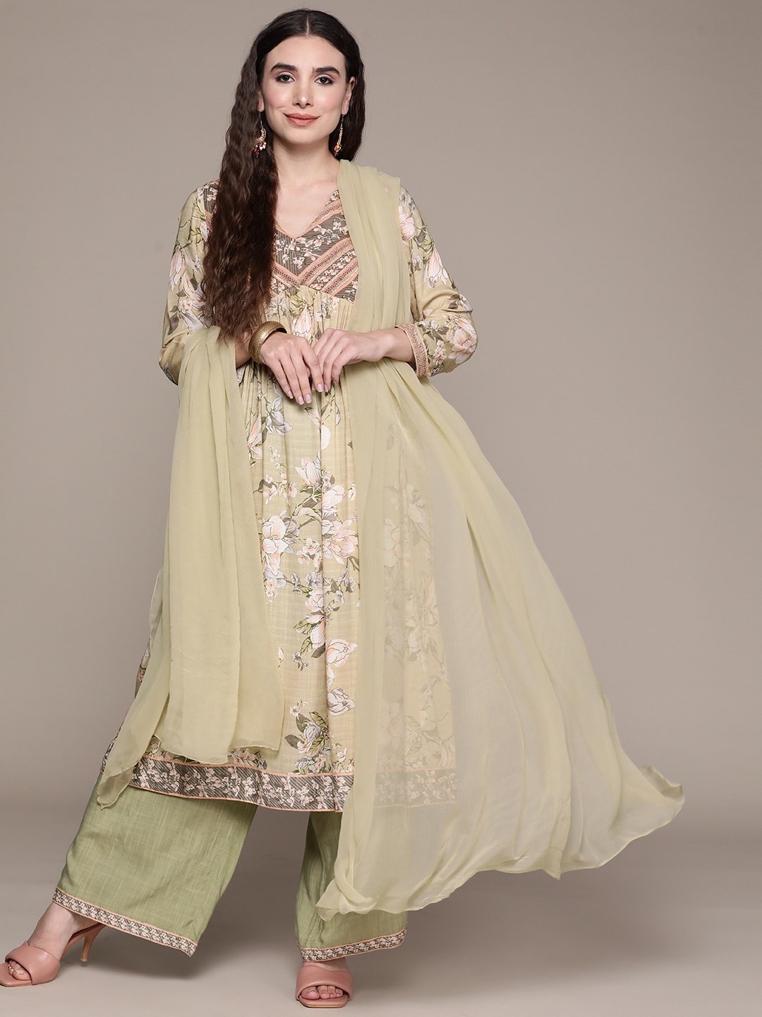 

aarke Ritu Kumar Women Green Ethnic Motifs Printed Pleated Kurta with Palazzos & With Dupatta