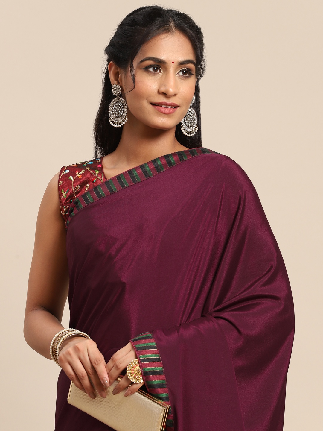 

Nimayaa Burgundy Satin Saree
