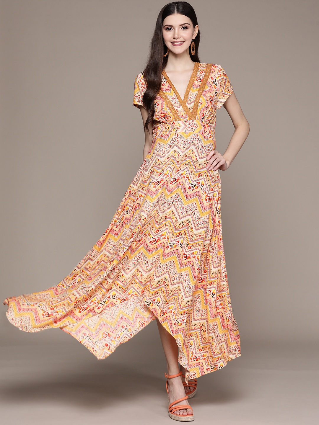 

aarke Ritu Kumar Yellow & Red Chevron Maxi Dress