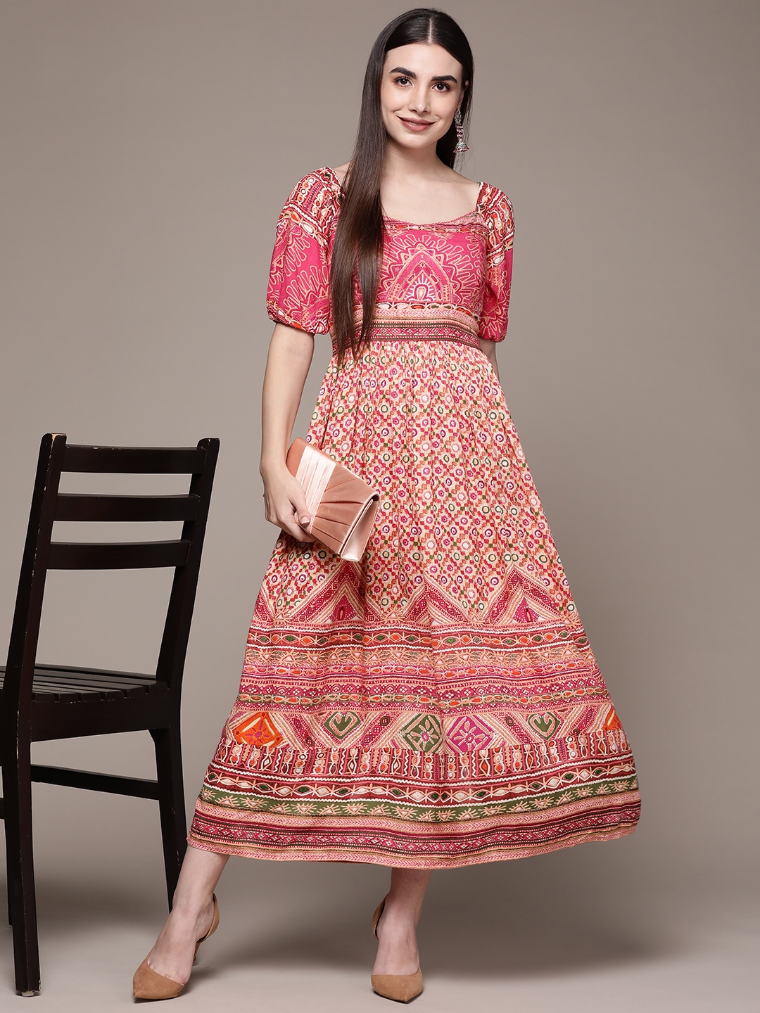 

aarke Ritu Kumar Pink & Green Ethnic Motifs A-Line Midi Dress