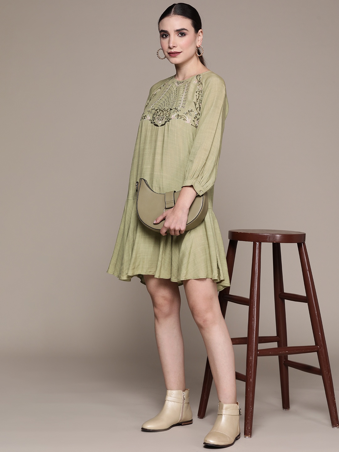 

aarke Ritu Kumar Green Embroidered A-Line Dress