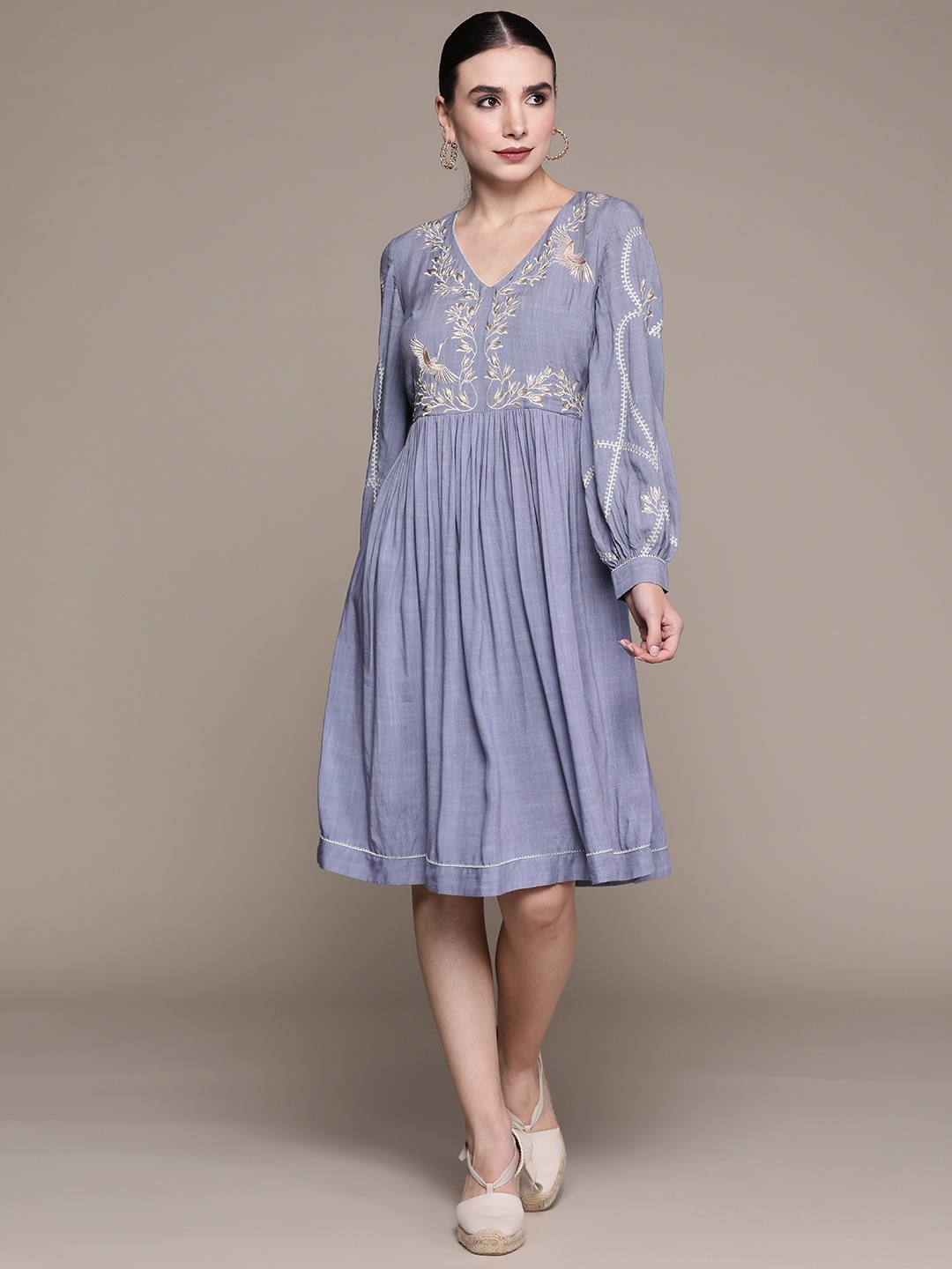 

aarke Ritu Kumar Blue Ethnic Motifs Embroidered A-Line Dress