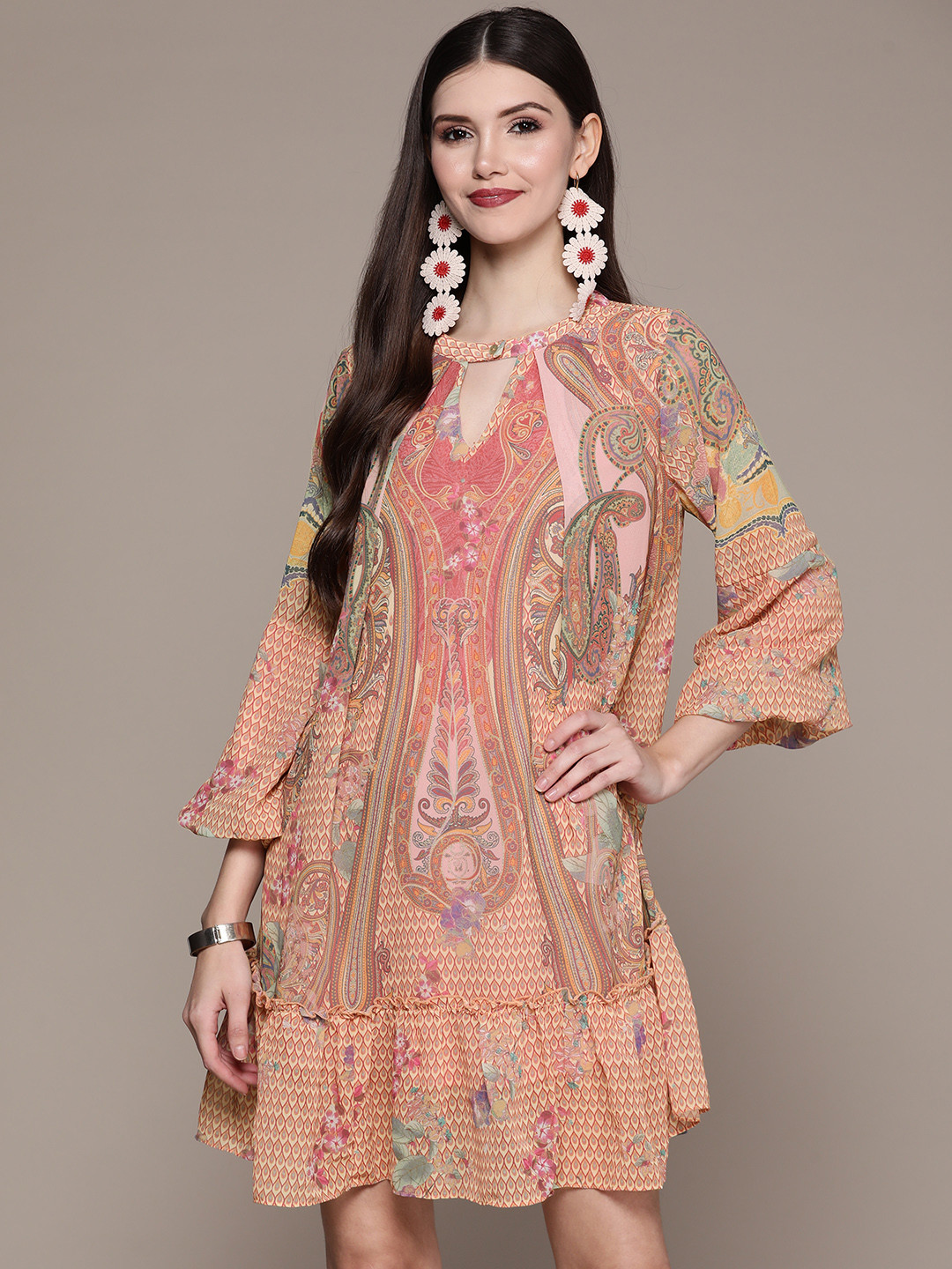 

aarke Ritu Kumar Ethnic Print Keyhole Neck Georgette A-Line Dress with Camisole, Pink