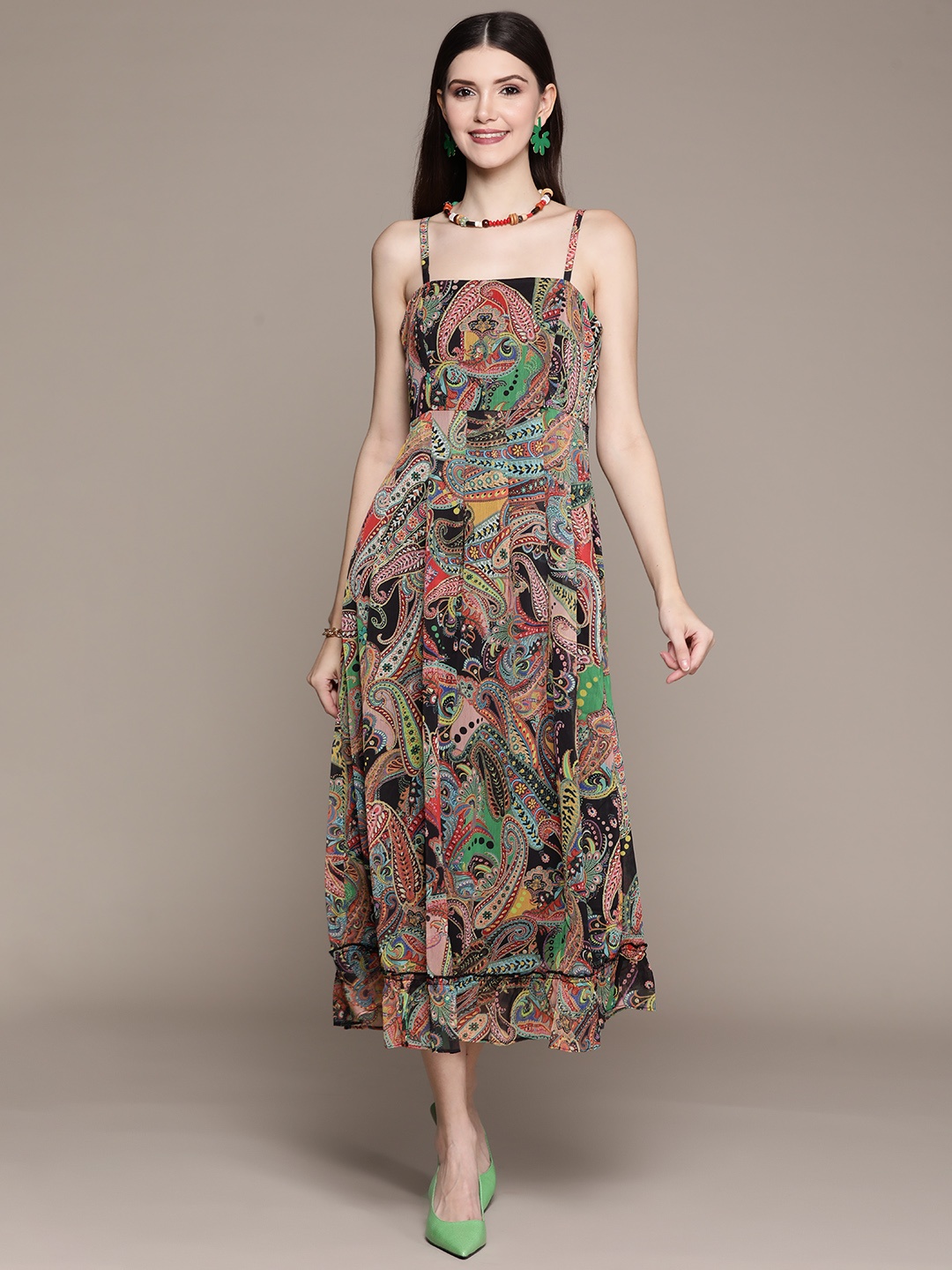 

aarke Ritu Kumar Black & Red Ethnic Motifs Printed Chiffon A-Line Midi Dress