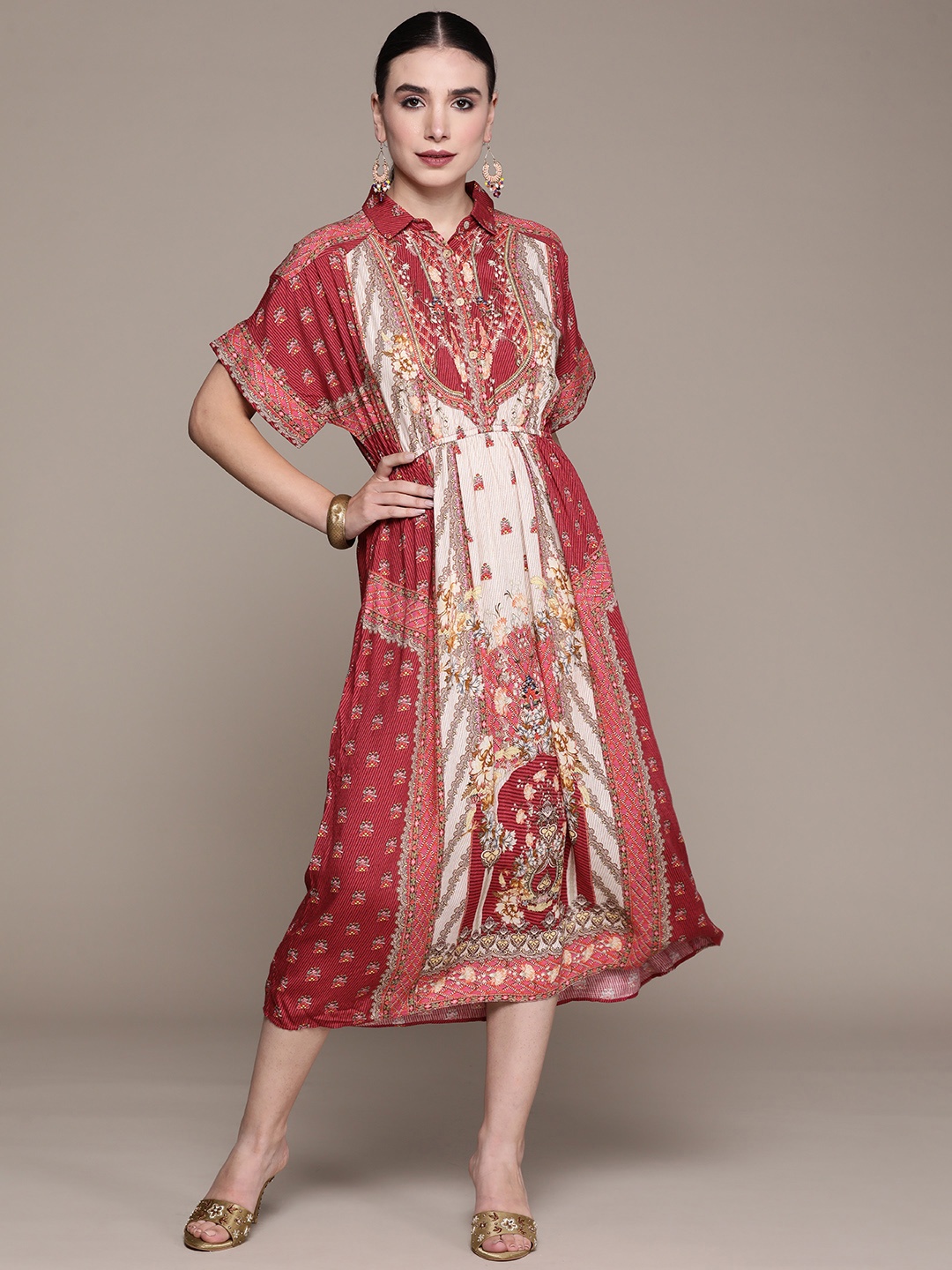 aarke Ritu Kumar Maroon & White Printed Midi Ethnic Dress