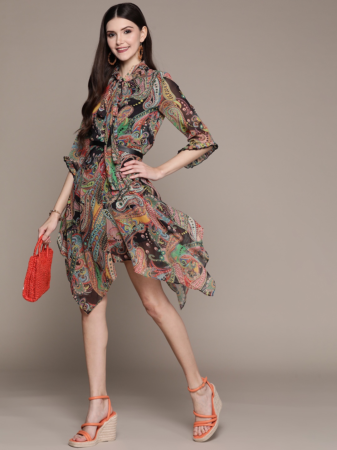 

aarke Ritu Kumar Black & Red Ethnic Motifs Printed Tie-Up Neck Chiffon A-Line Dress