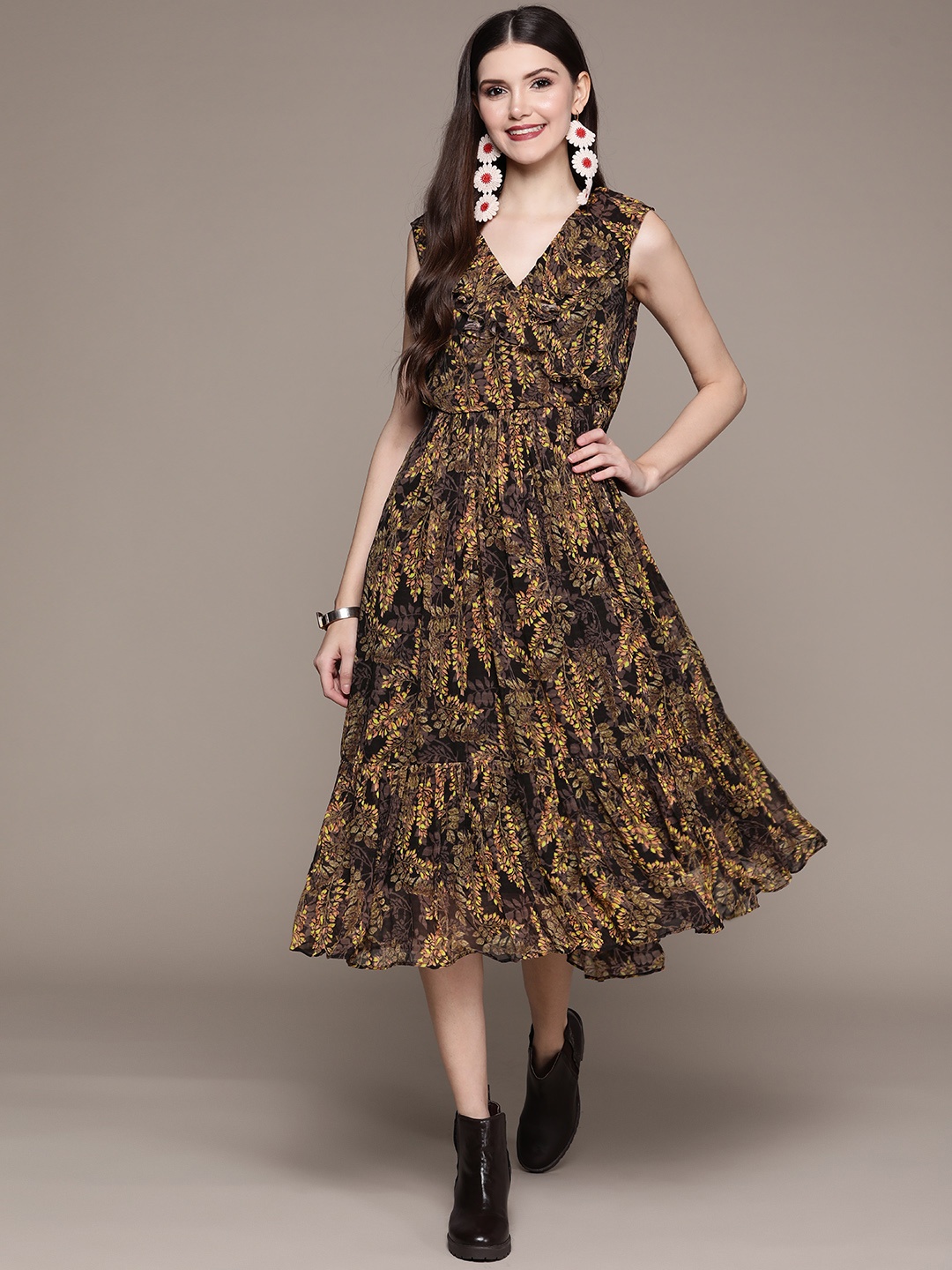 

aarke Ritu Kumar Black & Mustard Yellow Floral Print Georgette Midi Dress