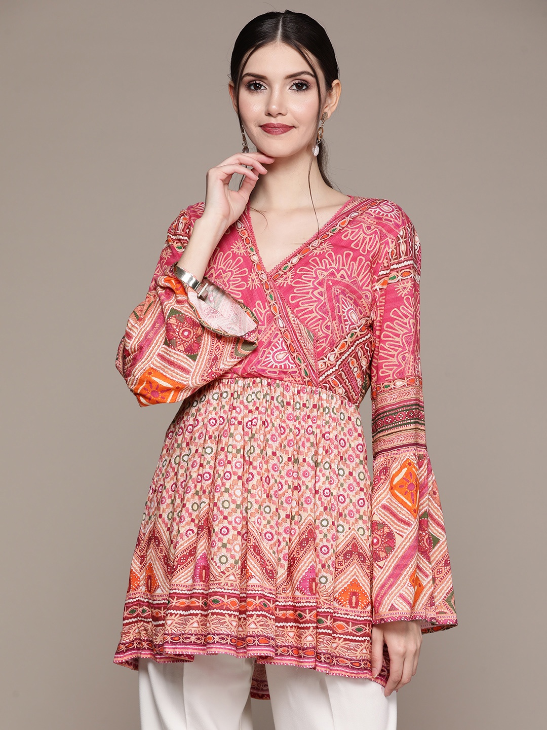 

aarke Ritu Kumar Pink & White Floral Print Wrap Top