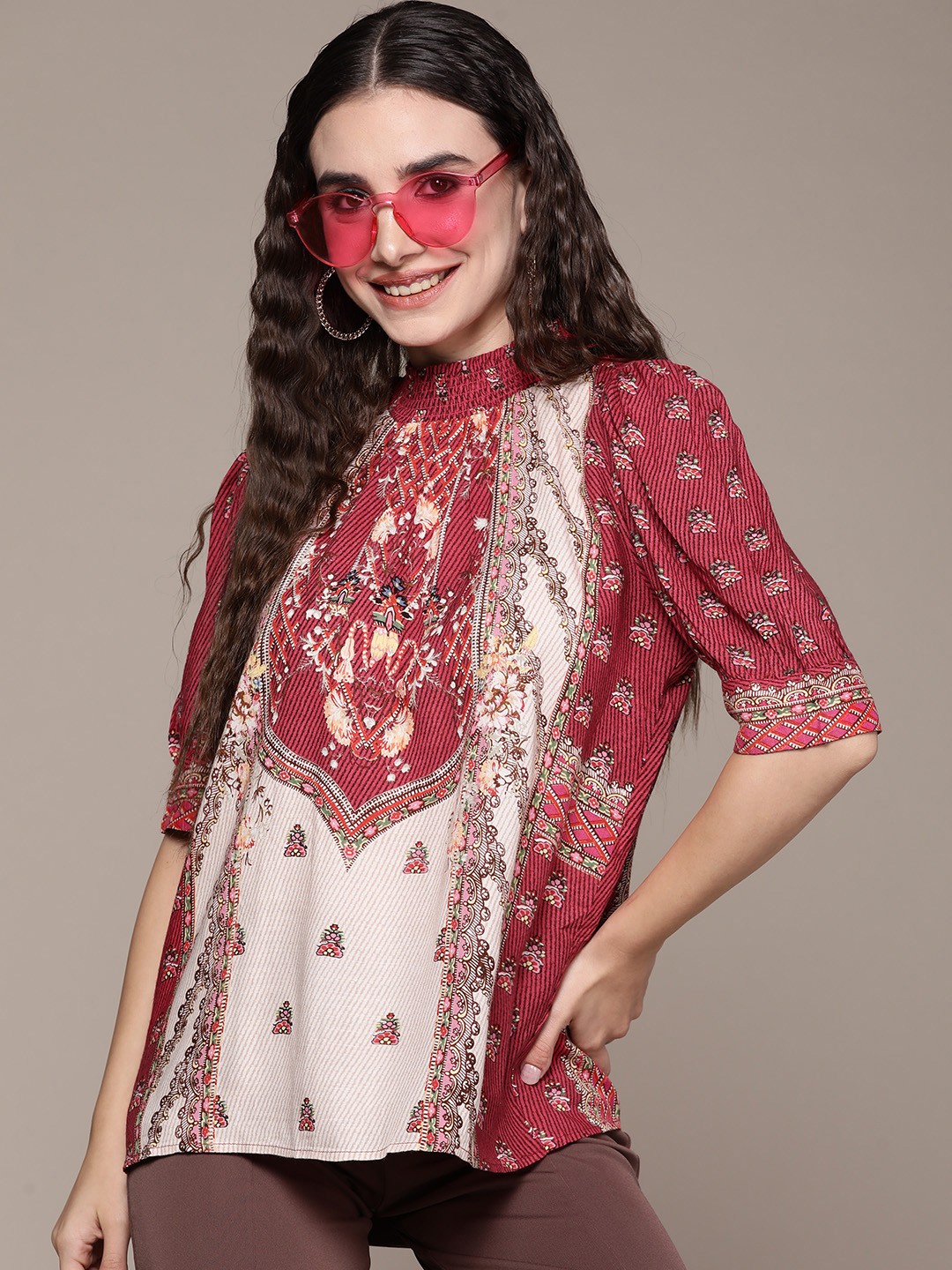 

aarke Ritu Kumar Red Floral Print Mandarin Collar Top