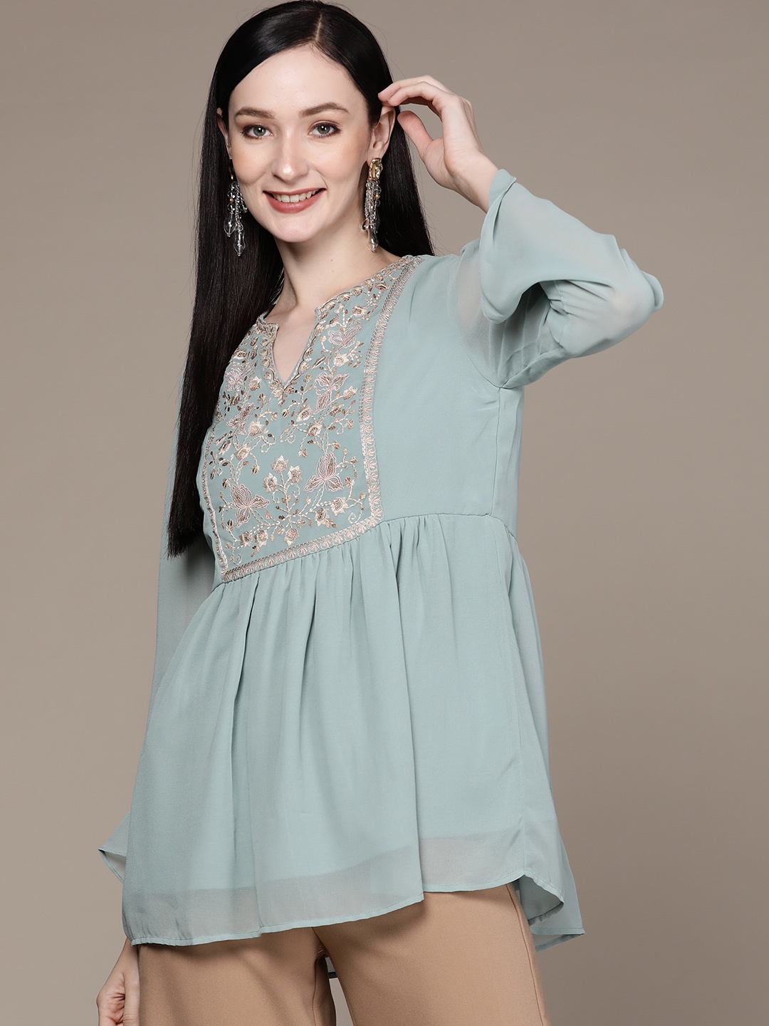 

aarke Ritu Kumar Green Floral Embroidered Georgette Top