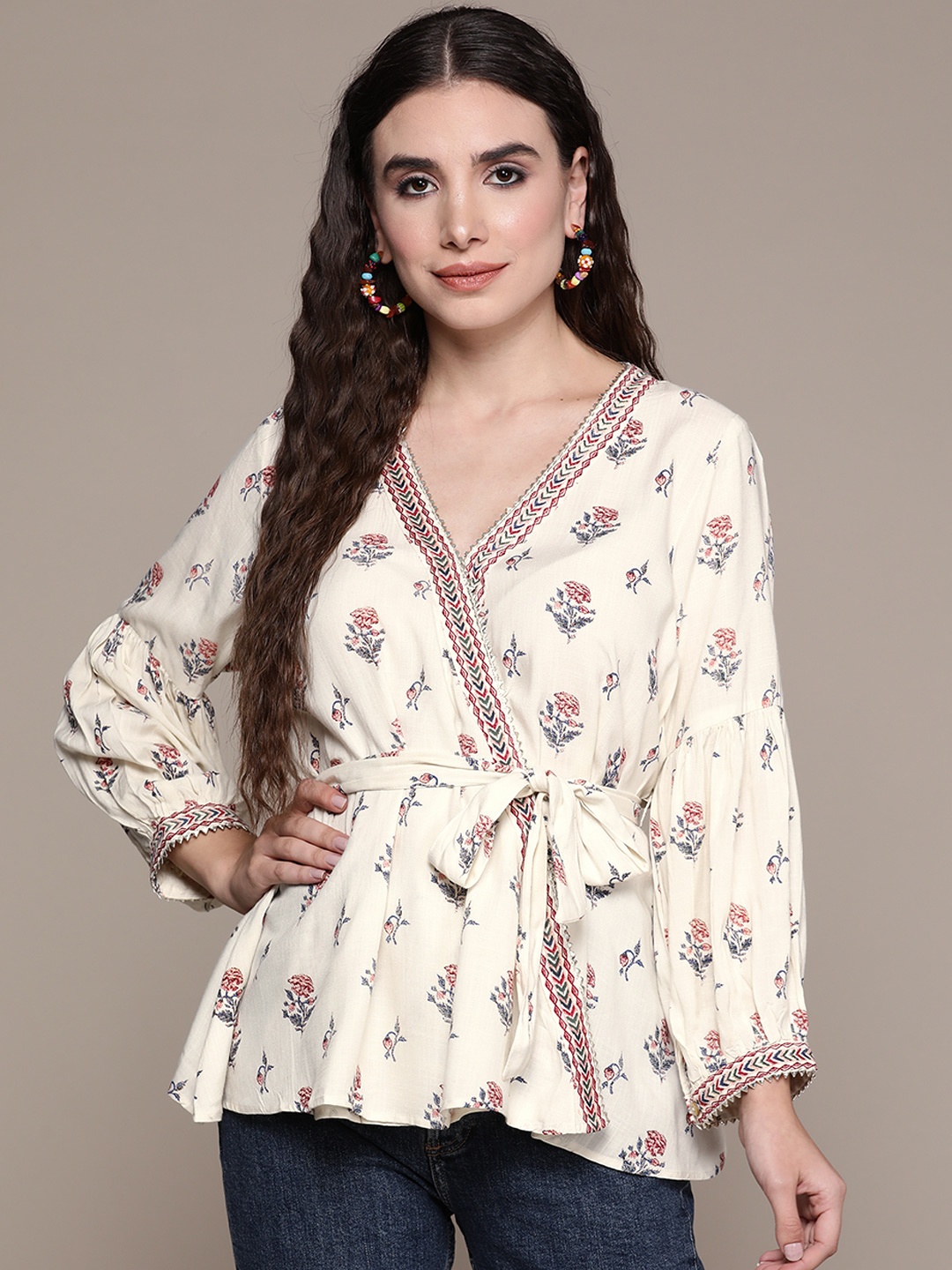 

aarke Ritu Kumar Off White Floral Print Top