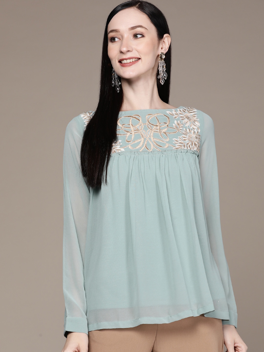 

aarke Ritu Kumar Green Floral Embroidered Georgette Top
