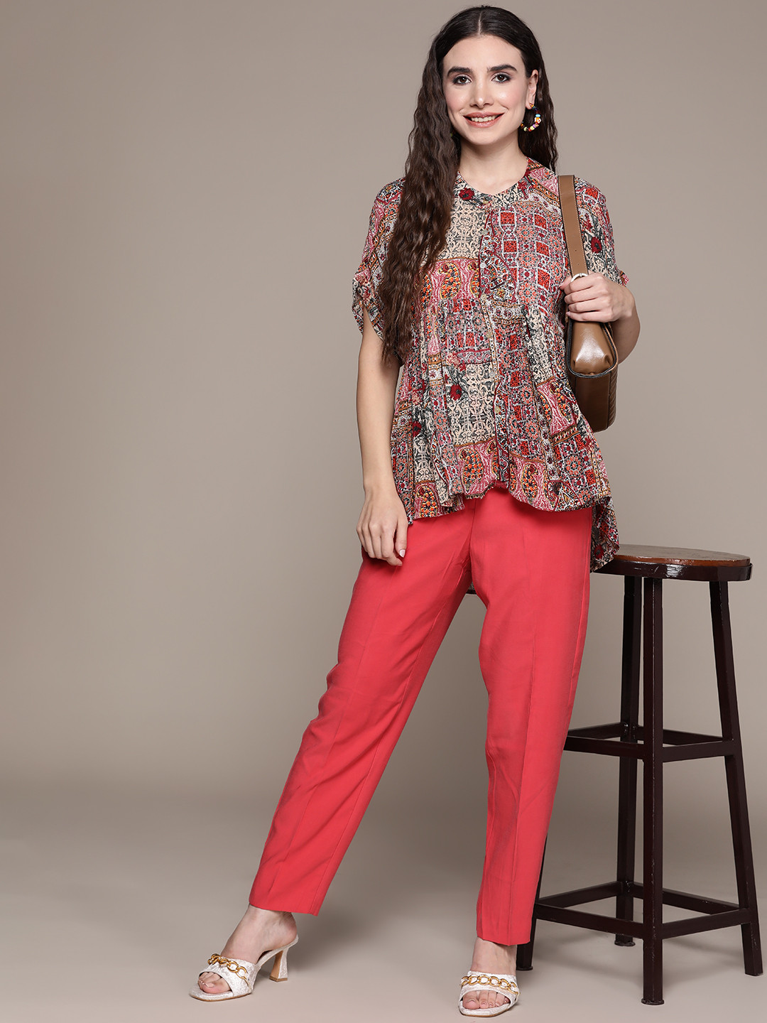 

aarke Ritu Kumar Orange Floral Print Mandarin Collar Crepe Top