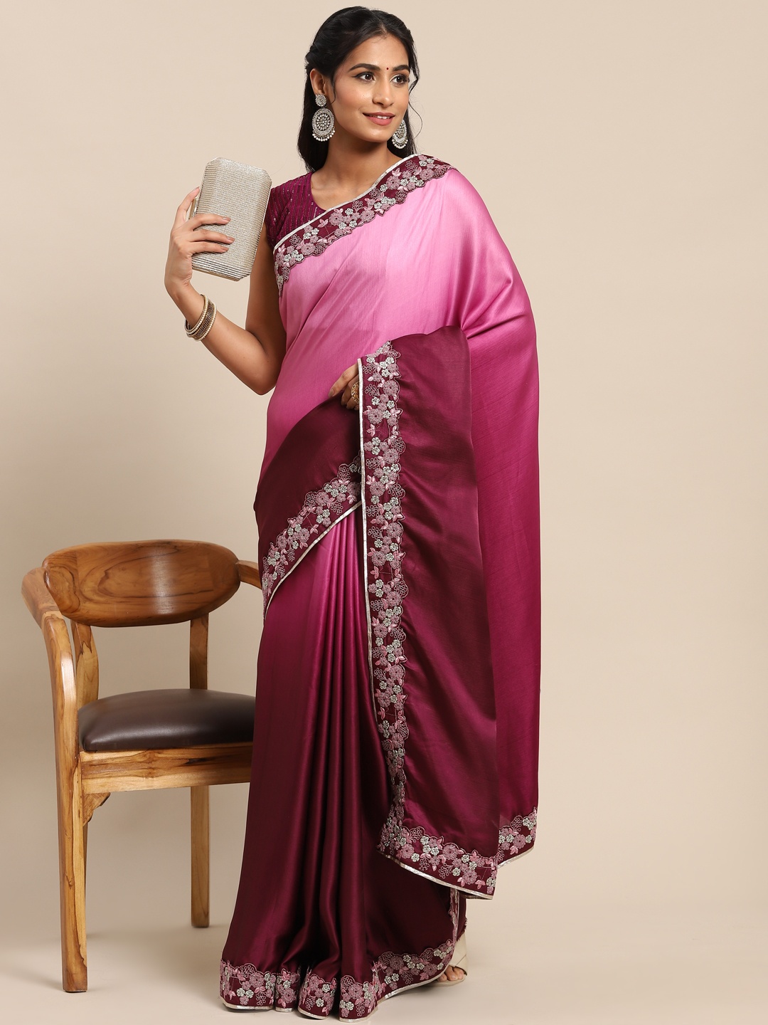 

Nimayaa Pink & Maroon Ombre Zardozi Saree