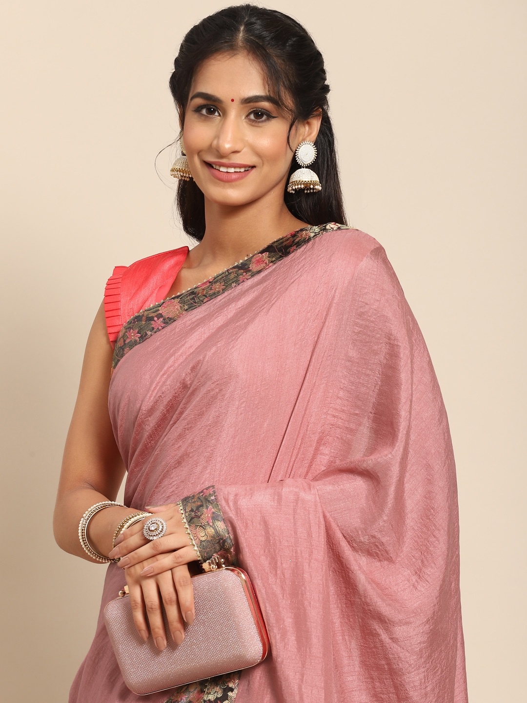 

Nimayaa Pink Saree With Printed Border